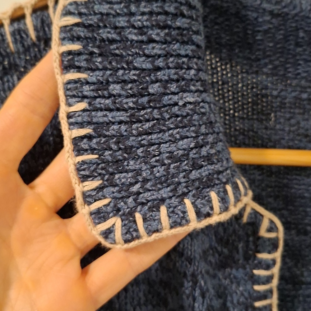 Vintage Blue Polo-neck Cardigan with Cream Crochet & Blanket Stitch (Size S) - Picture 4 of 10